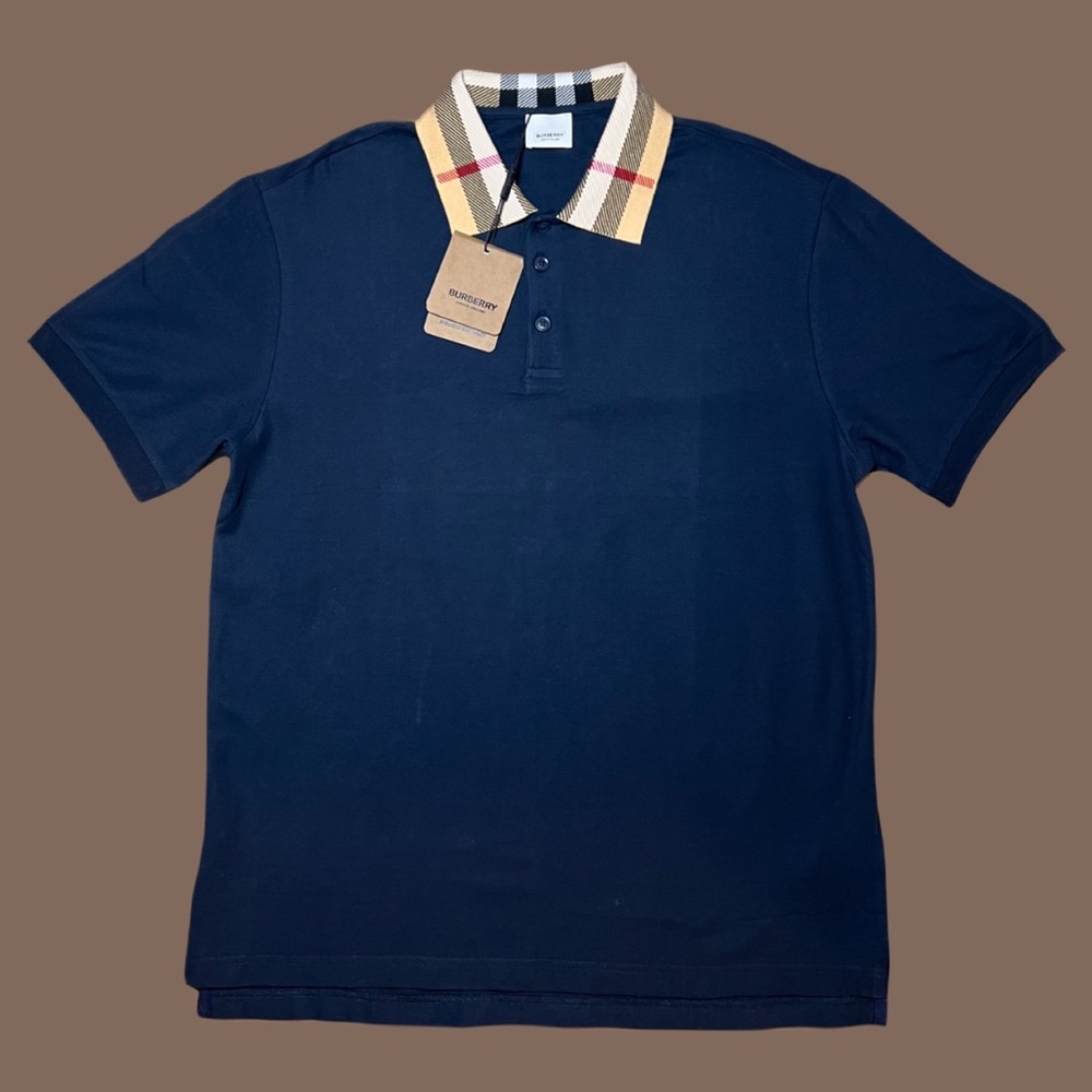 Burberry Men's Polo Shirt - Navy with Iconic Check Collar
